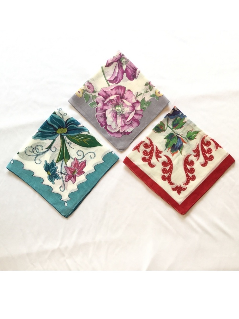Three Vintage Colorful Floral Handkerchiefs